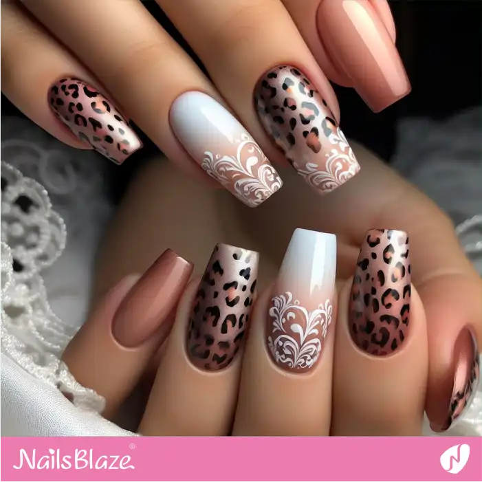 White Filigree Design and Leopard Print | Animal Print Nails - NB2542